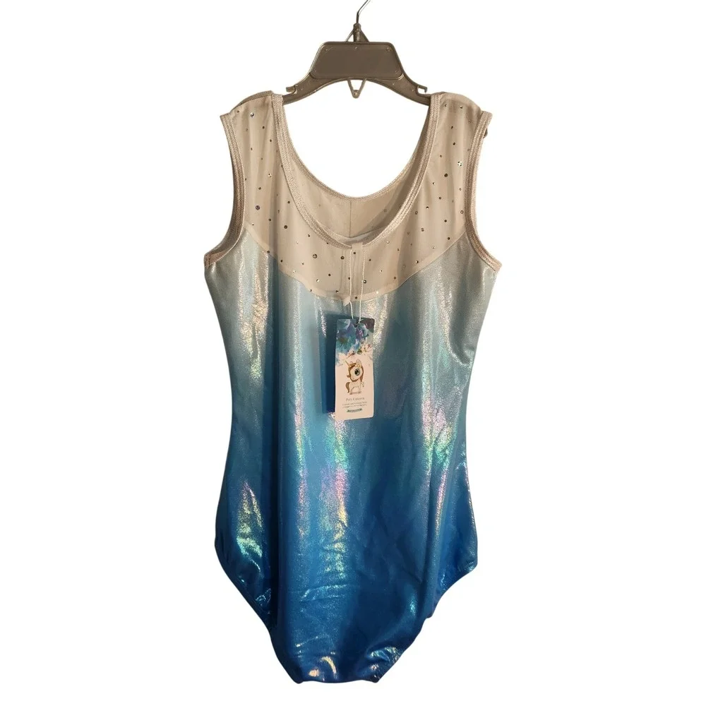 Frozen Theme Ombre Shimmer Snowflake Rhinestone Gymnastics Dance Sz 12 Girls New